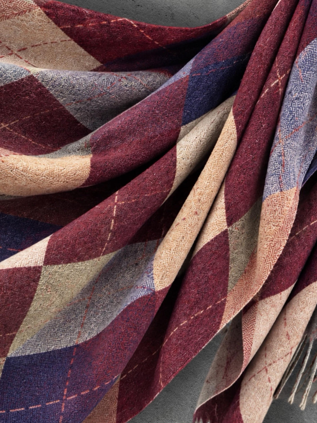 Burgundy Argyle Reversible Winter Scarf, Wine Navy Diamond Wrap, Soft Warm Fringe Shawl, Unisex Autumn Accessory