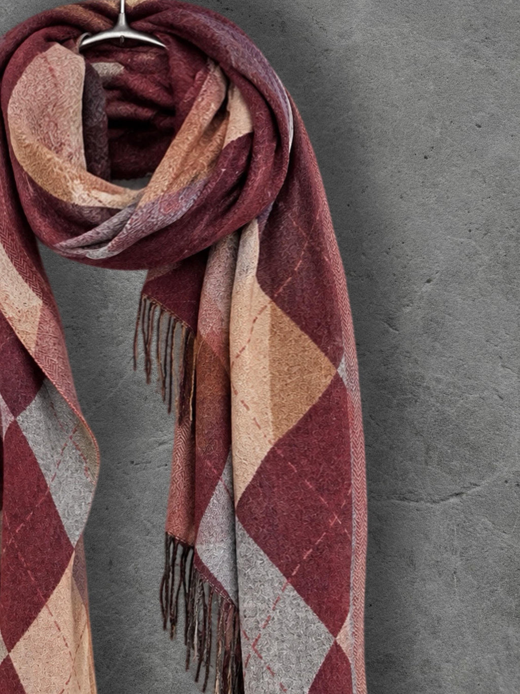 Burgundy Argyle Reversible Winter Scarf, Wine Navy Diamond Wrap, Soft Warm Fringe Shawl, Unisex Autumn Accessory
