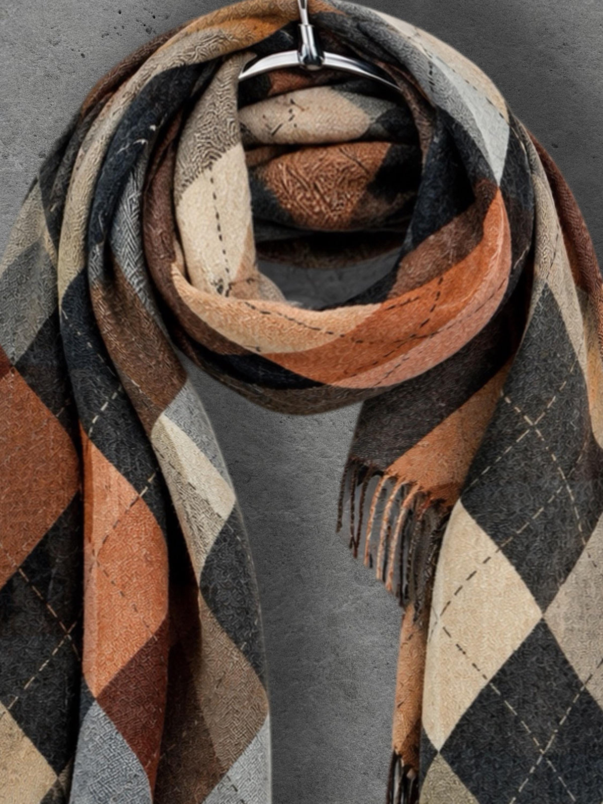 Black Argyle Reversible Winter Scarf, Camel Grey Diamond Wrap for Women, Ultra Soft Warm Shawl, Gifts for Him Her