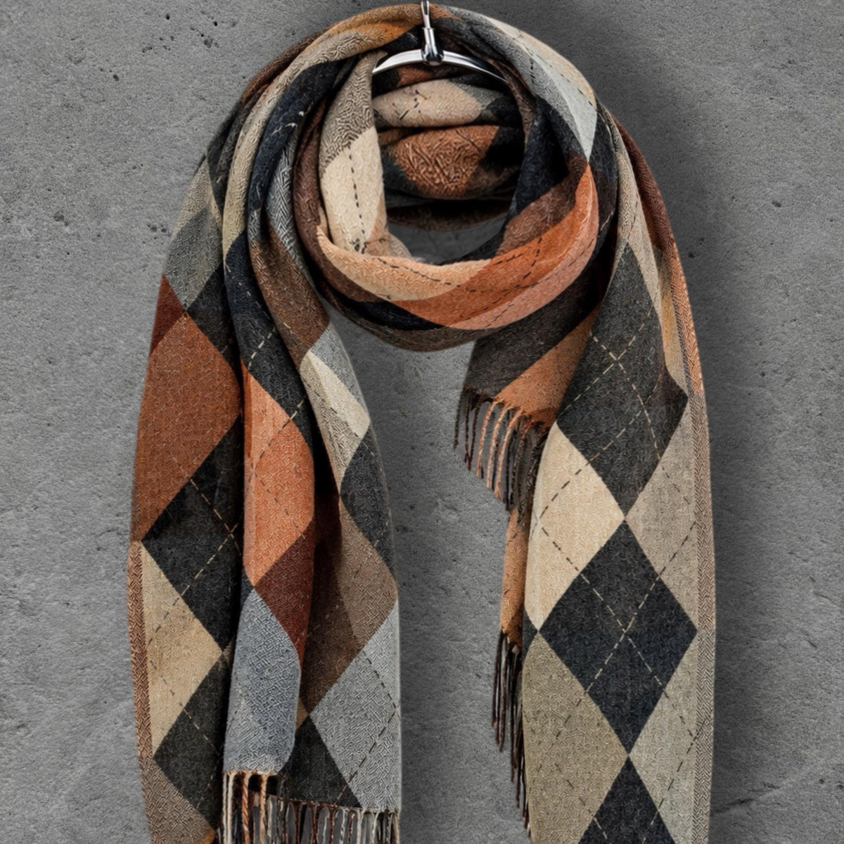 Black Argyle Reversible Winter Scarf, Camel Grey Diamond Wrap for Women, Ultra Soft Warm Shawl, Gifts for Him Her