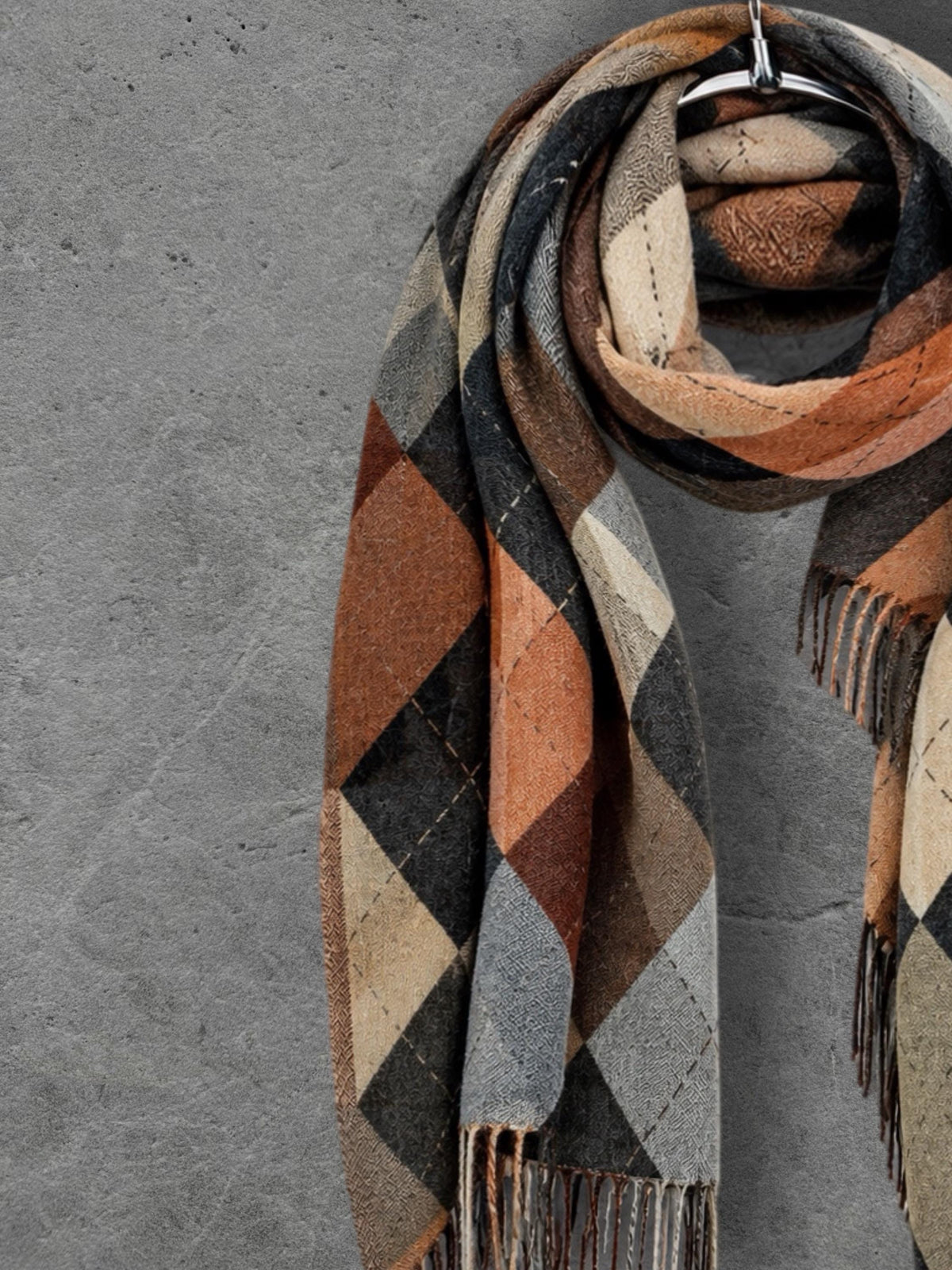 Black Argyle Reversible Winter Scarf, Camel Grey Diamond Wrap for Women, Ultra Soft Warm Shawl, Gifts for Him Her