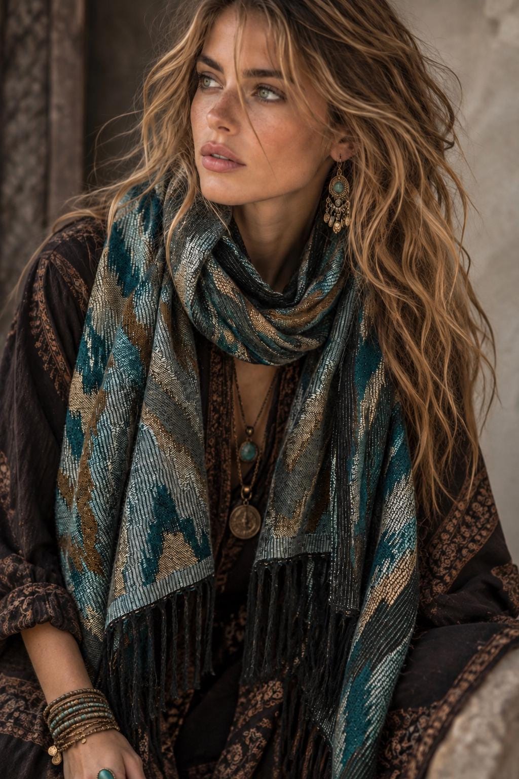 Teal Blue Abstract Winter Scarf, Ultra Soft Shawl, Warm Bohemian Zigzag Pattern Wrap for Women, Unique Christmas Gift for Her