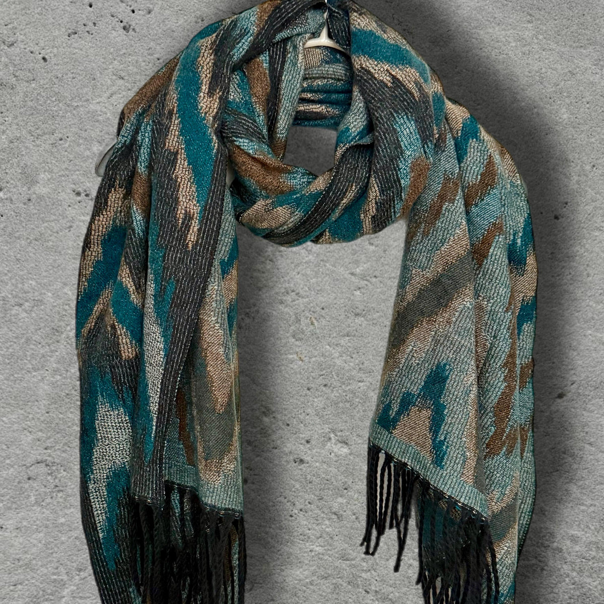 Teal Blue Abstract Winter Scarf, Ultra Soft Shawl, Warm Bohemian Zigzag Pattern Wrap for Women, Unique Christmas Gift for Her