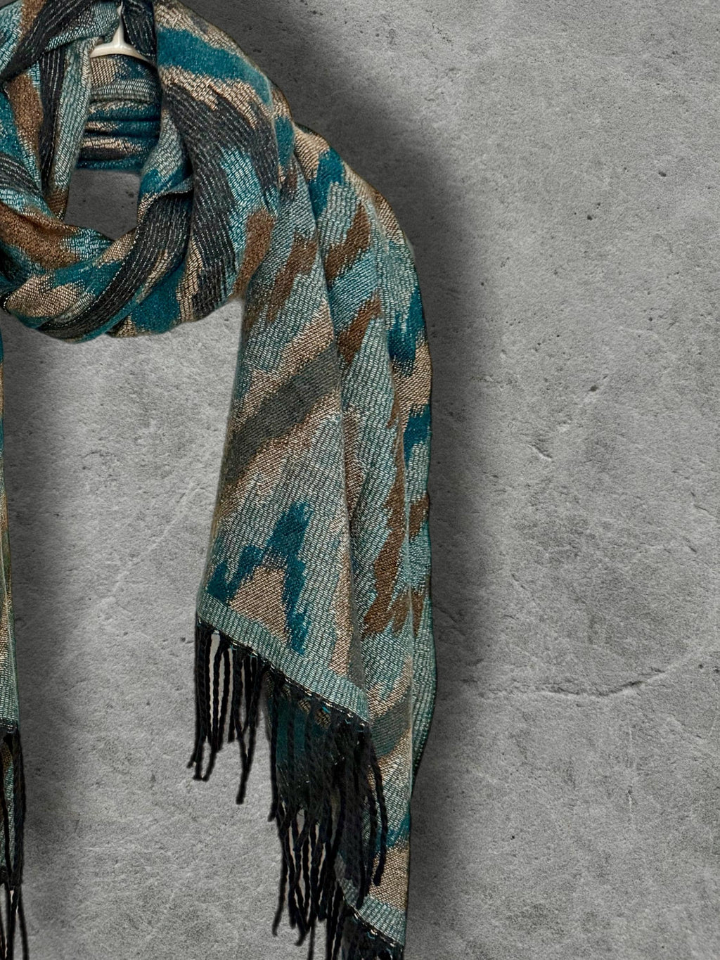 Teal Blue Abstract Winter Scarf, Ultra Soft Shawl, Warm Bohemian Zigzag Pattern Wrap for Women, Unique Christmas Gift for Her