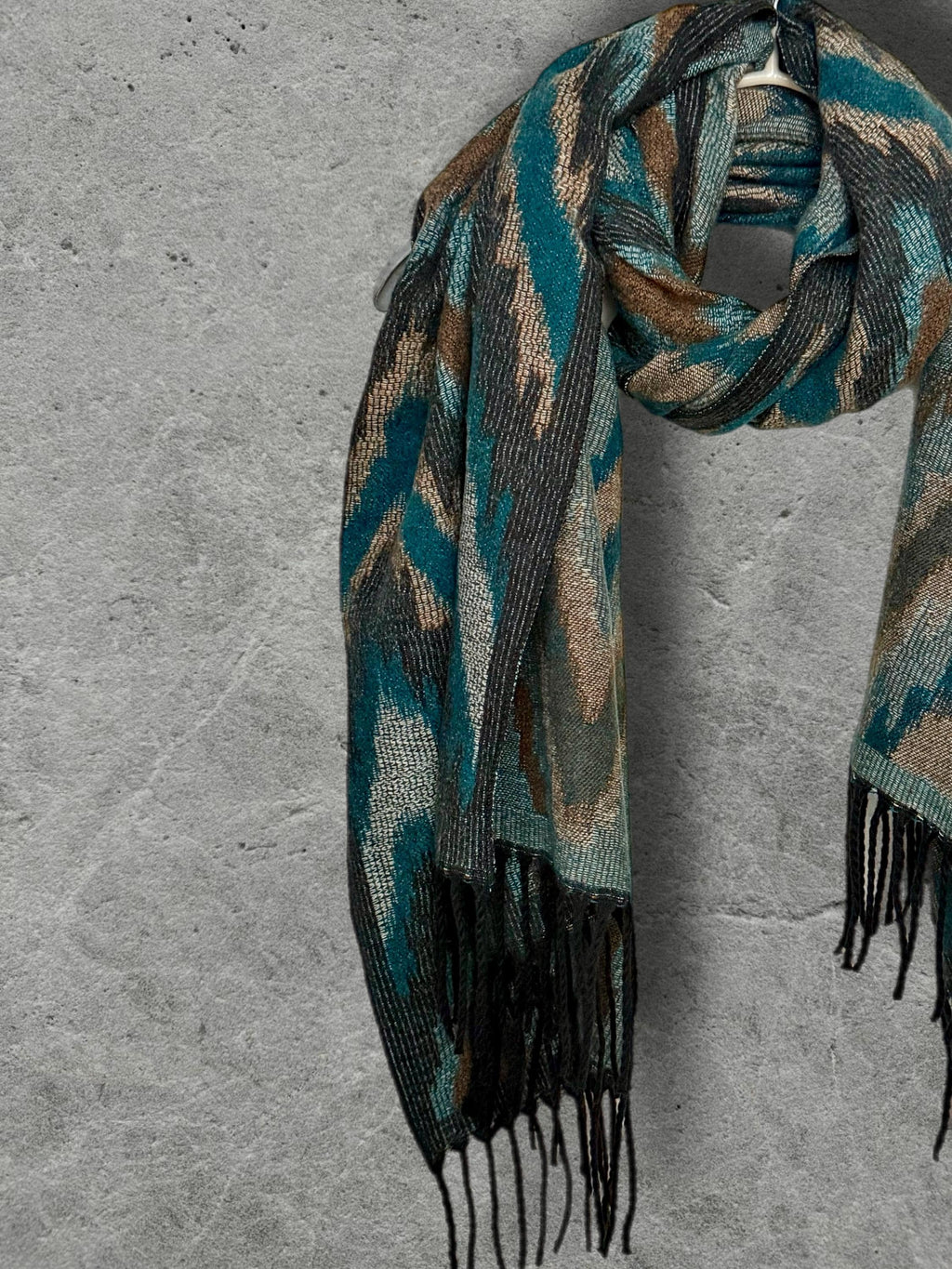 Teal Blue Abstract Winter Scarf, Ultra Soft Shawl, Warm Bohemian Zigzag Pattern Wrap for Women, Unique Christmas Gift for Her