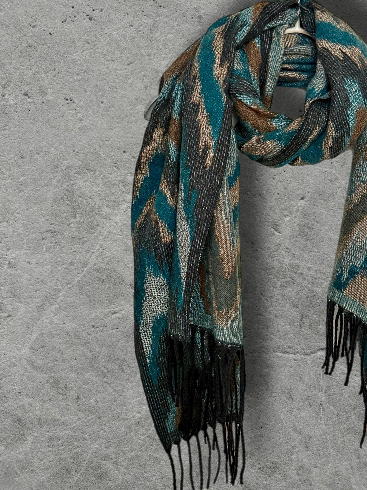 Teal Blue Abstract Winter Scarf, Ultra Soft Shawl, Warm Bohemian Zigzag Pattern Wrap for Women, Unique Christmas Gift for Her