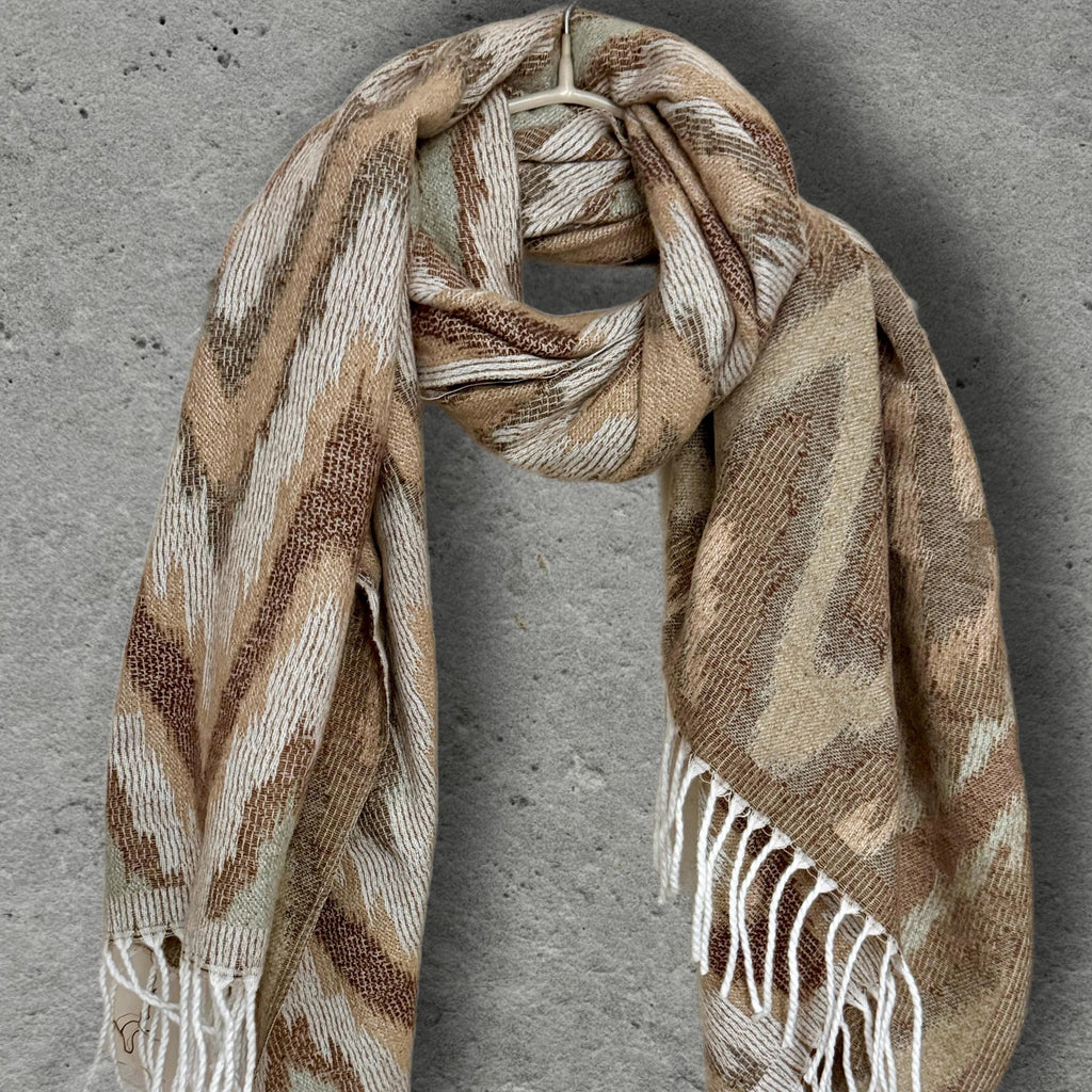 Beige Sage Green Winter Scarf, Neutral Abstract Shawl, Ultra Soft Boho Zigzag Pattern Wrap, Elegant Gift for Women
