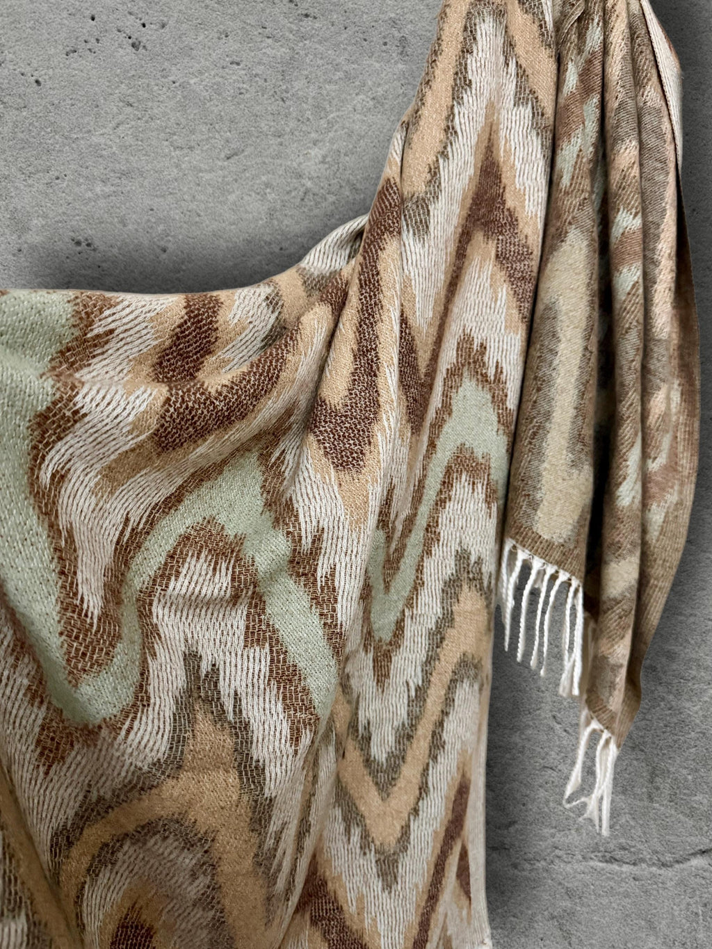 Beige Sage Green Winter Scarf, Neutral Abstract Shawl, Ultra Soft Boho Zigzag Pattern Wrap, Elegant Gift for Women