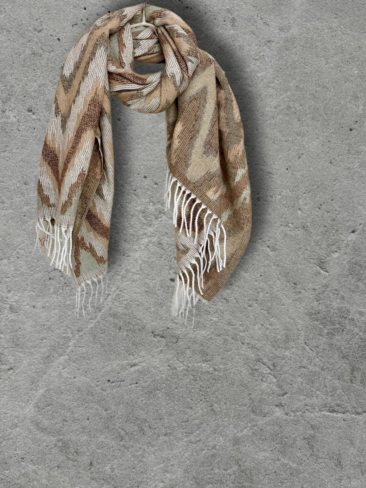 Beige Sage Green Winter Scarf, Neutral Abstract Shawl, Ultra Soft Boho Zigzag Pattern Wrap, Elegant Gift for Women