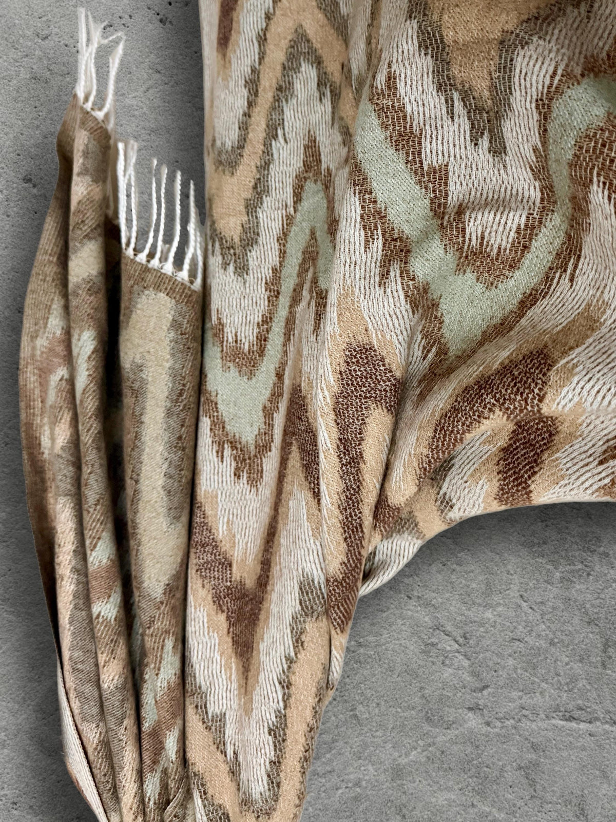 Beige Sage Green Winter Scarf, Neutral Abstract Shawl, Ultra Soft Boho Zigzag Pattern Wrap, Elegant Gift for Women