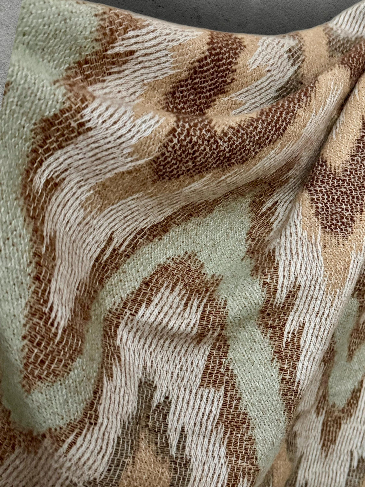 Beige Sage Green Winter Scarf, Neutral Abstract Shawl, Ultra Soft Boho Zigzag Pattern Wrap, Elegant Gift for Women