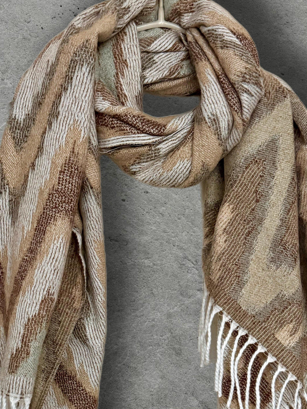 Beige Sage Green Winter Scarf, Neutral Abstract Shawl, Ultra Soft Boho Zigzag Pattern Wrap, Elegant Gift for Women