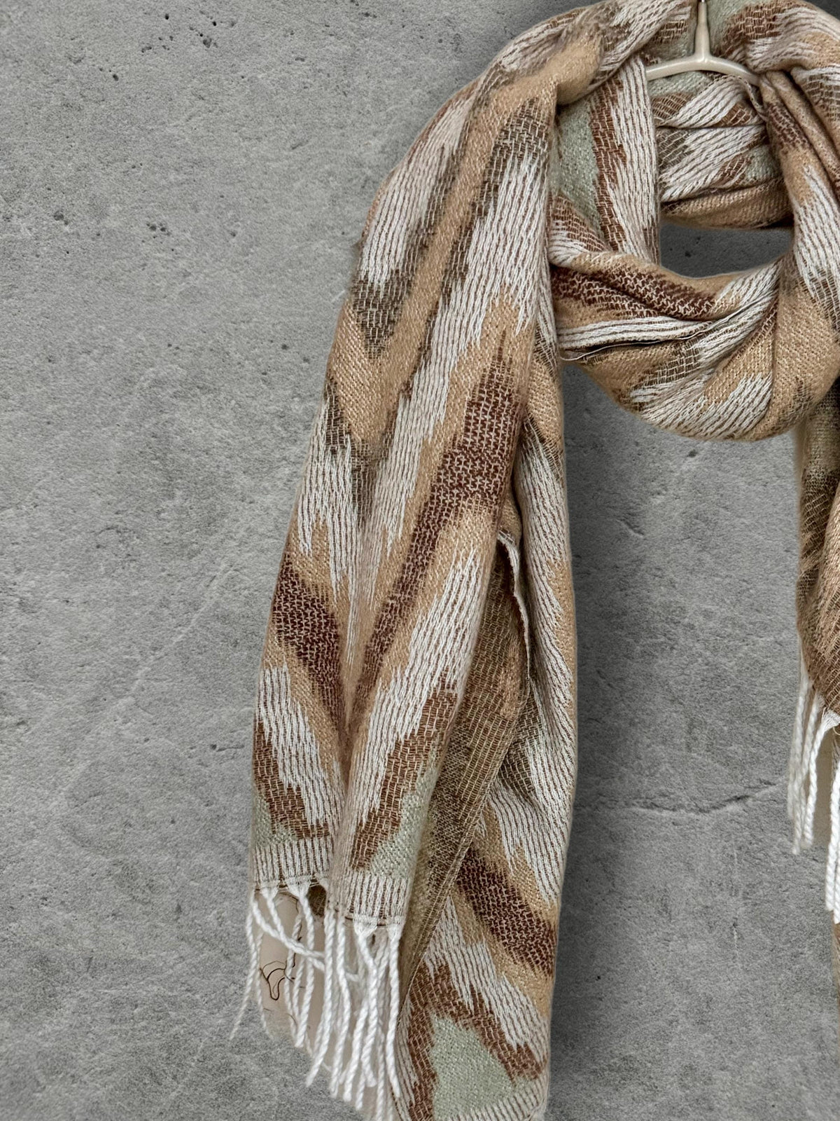 Beige Sage Green Winter Scarf, Neutral Abstract Shawl, Ultra Soft Boho Zigzag Pattern Wrap, Elegant Gift for Women