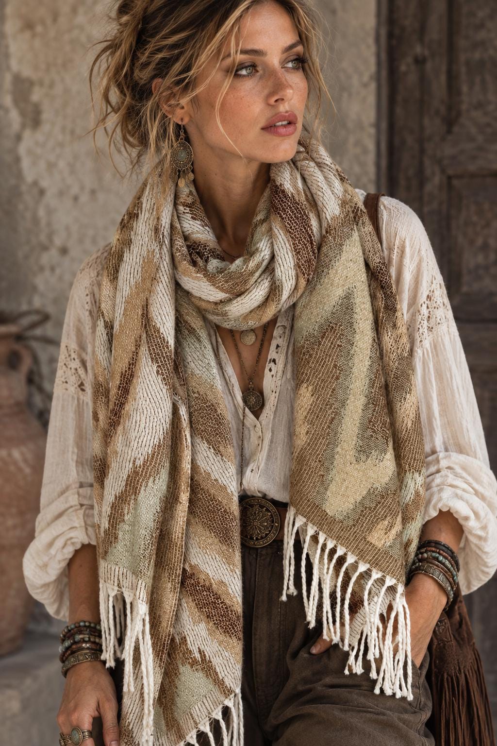 Beige Sage Green Winter Scarf, Neutral Abstract Shawl, Ultra Soft Boho Zigzag Pattern Wrap, Elegant Gift for Women