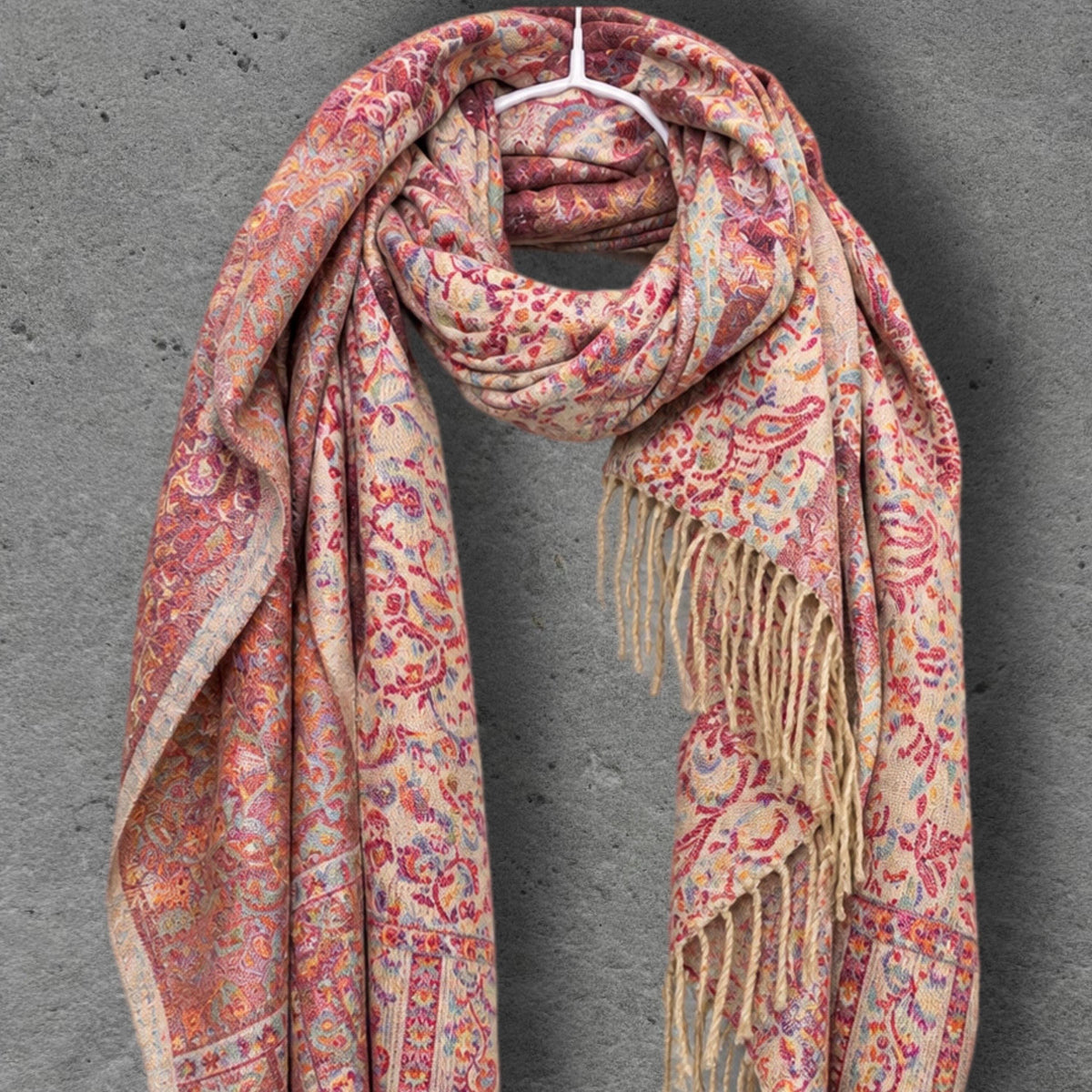 Blush Cream Antique Floral Weave Reversible Winter Scarf, Double Sided Soft Botanical Wrap, Women’s Bohemian Shawl