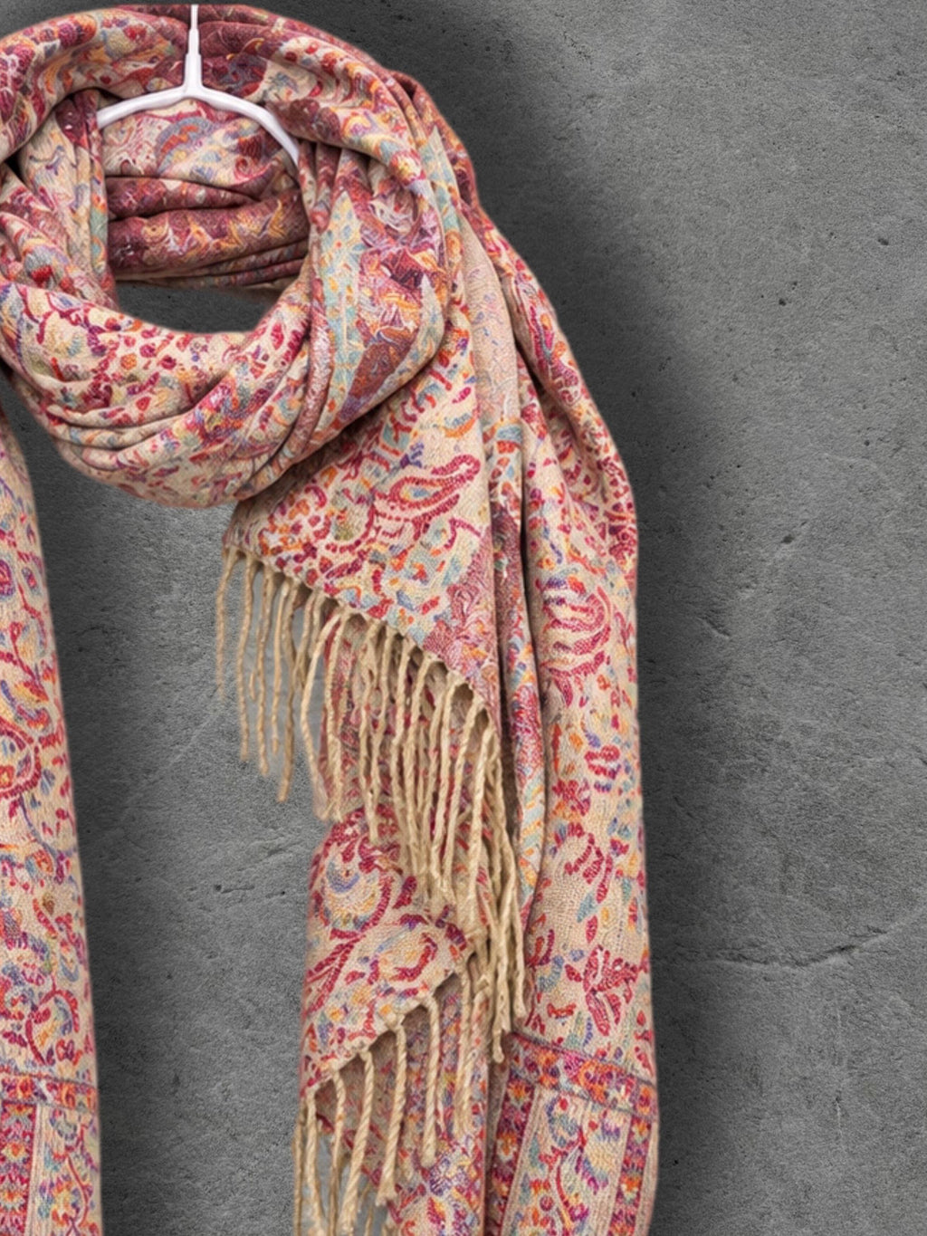 Blush Cream Antique Floral Weave Reversible Winter Scarf, Double Sided Soft Botanical Wrap, Women’s Bohemian Shawl