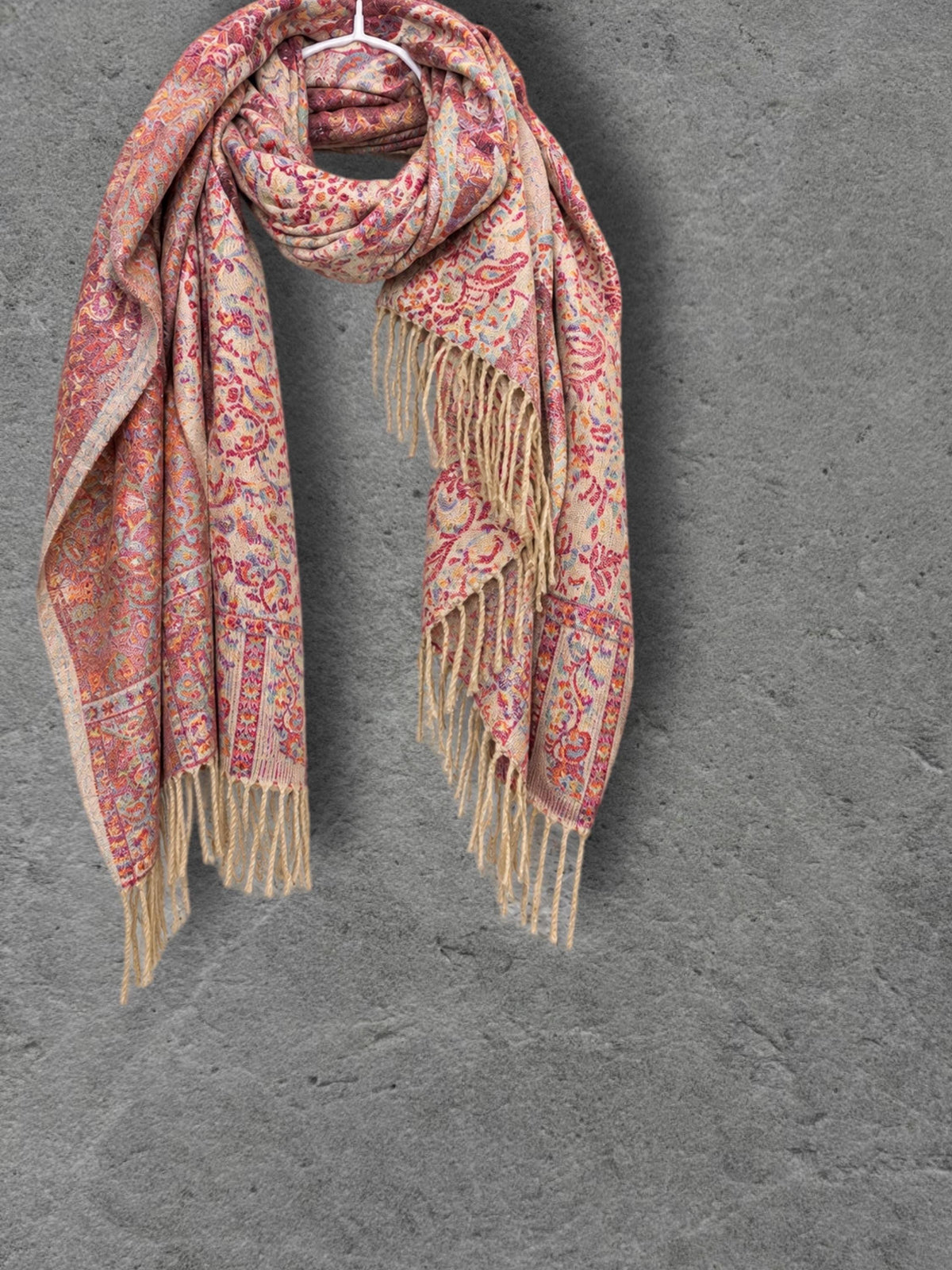 Blush Cream Antique Floral Weave Reversible Winter Scarf, Double Sided Soft Botanical Wrap, Women’s Bohemian Shawl