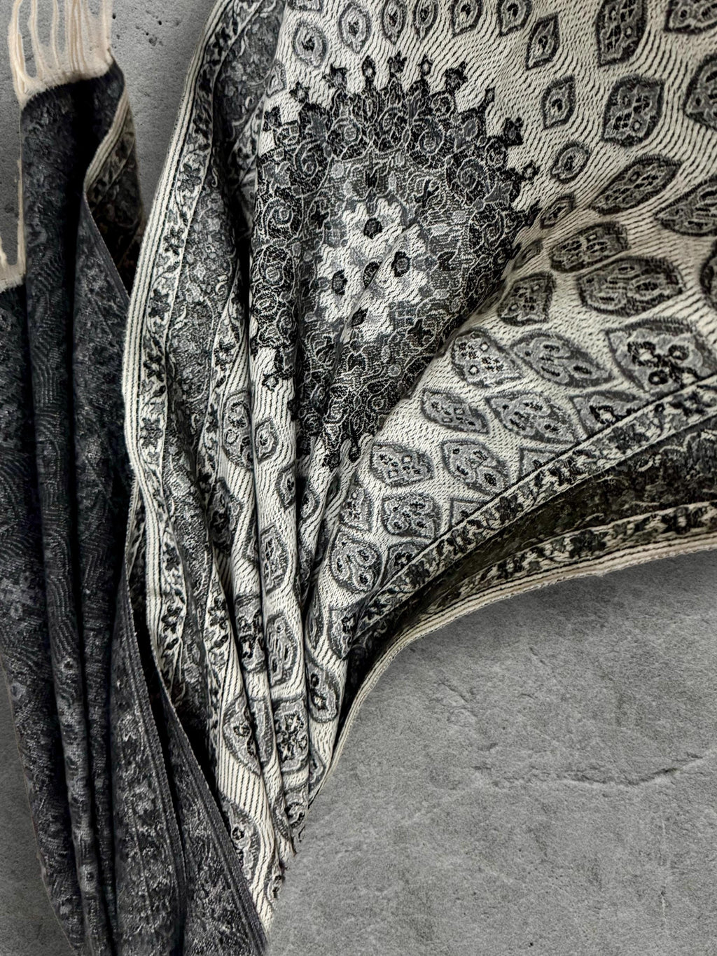 Reversible Black Winter Scarf, Ivory Bohemian Medallion Shawl for Women, Soft Oversized Warm Wrap, Fringed Cold Weather Gift for Her