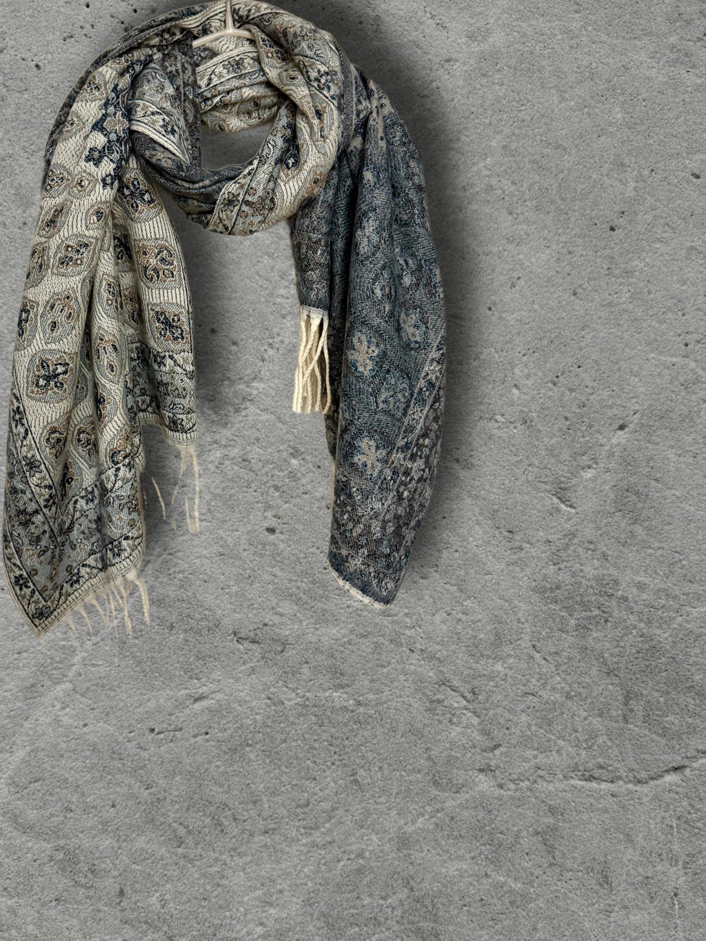 Reversible Beige Navy Winter Scarf, Ultra Soft Boho Medallion Wrap, Warm Elegant Shawl for Women, Unique Gifts for Her