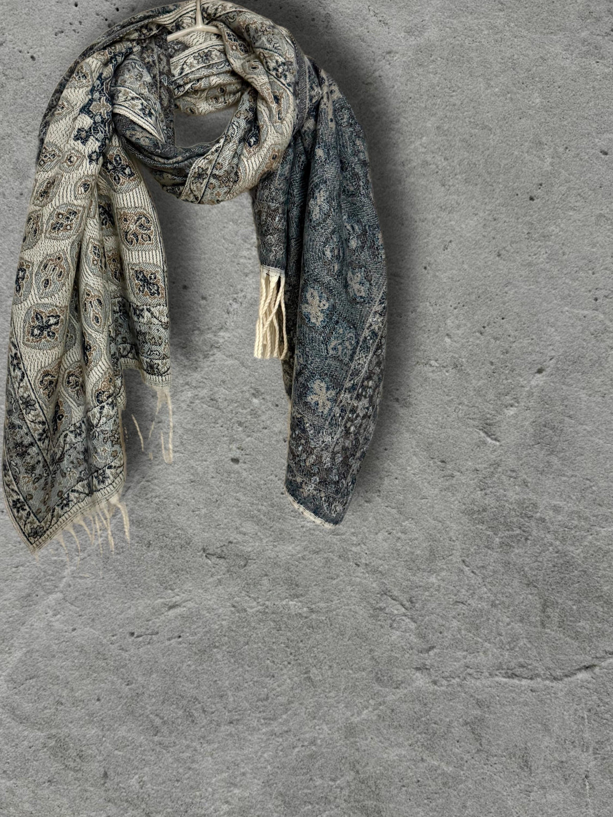 Reversible Beige Navy Winter Scarf, Ultra Soft Boho Medallion Wrap, Warm Elegant Shawl for Women, Unique Gifts for Her