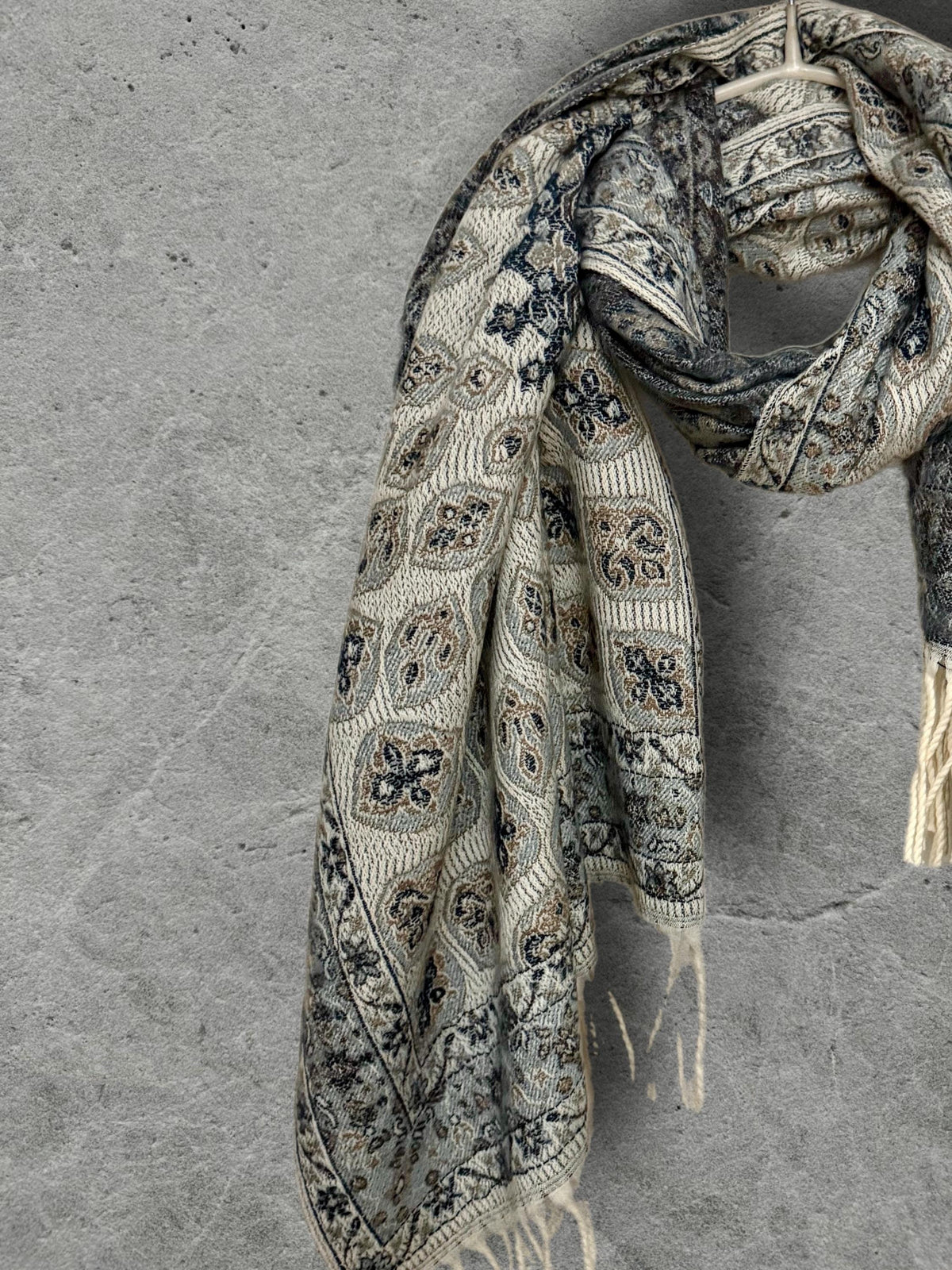 Reversible Beige Navy Winter Scarf, Ultra Soft Boho Medallion Wrap, Warm Elegant Shawl for Women, Unique Gifts for Her