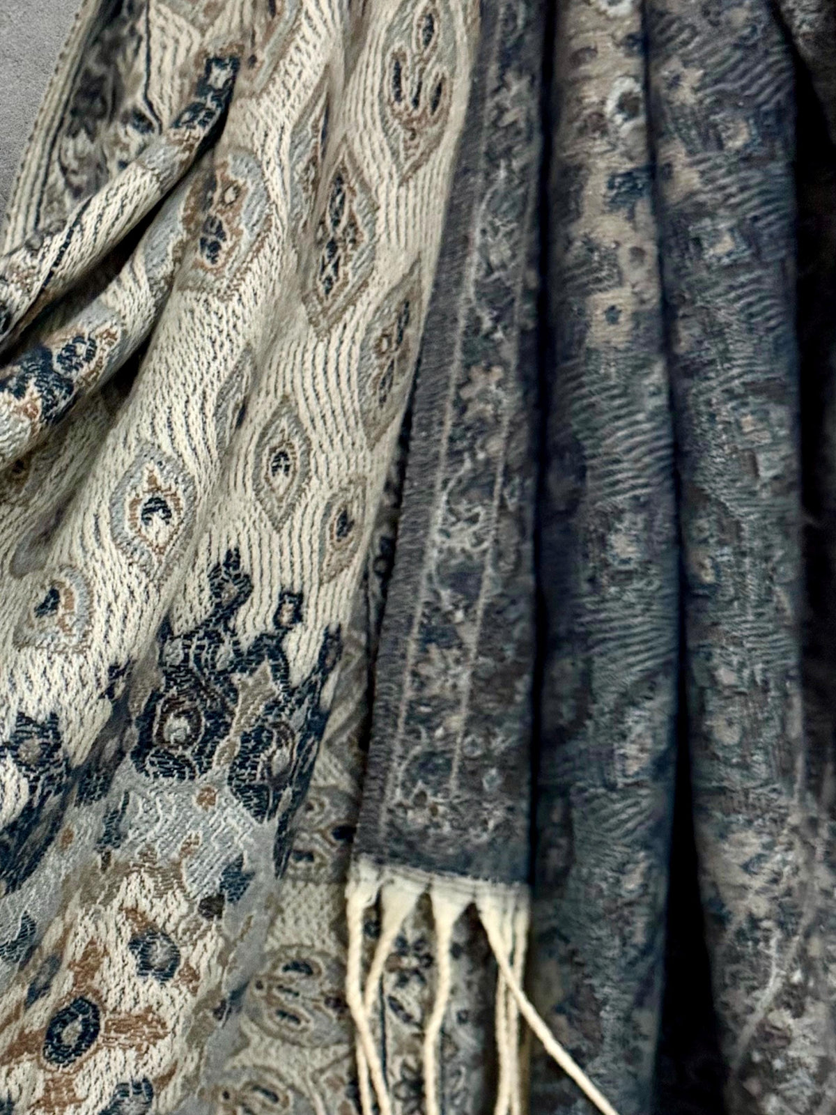 Reversible Beige Navy Winter Scarf, Ultra Soft Boho Medallion Wrap, Warm Elegant Shawl for Women, Unique Gifts for Her