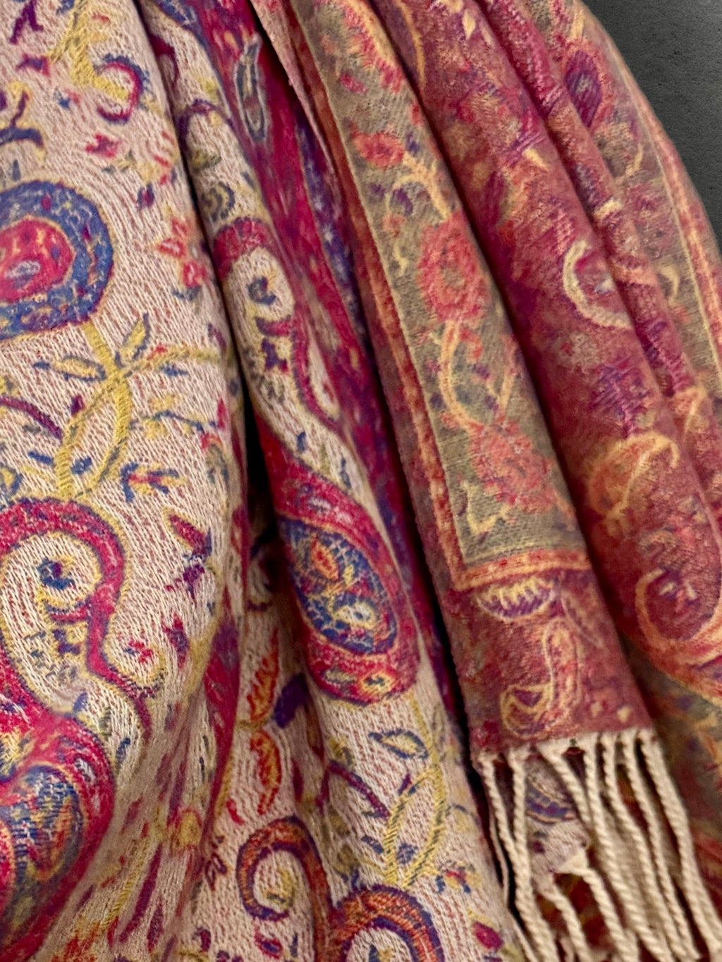 Bohemian Reversible Pink Beige Paisley Winter Scarf, Ultra Soft Shawl for Women, Fringed Colourful Wrap, Gift for Her