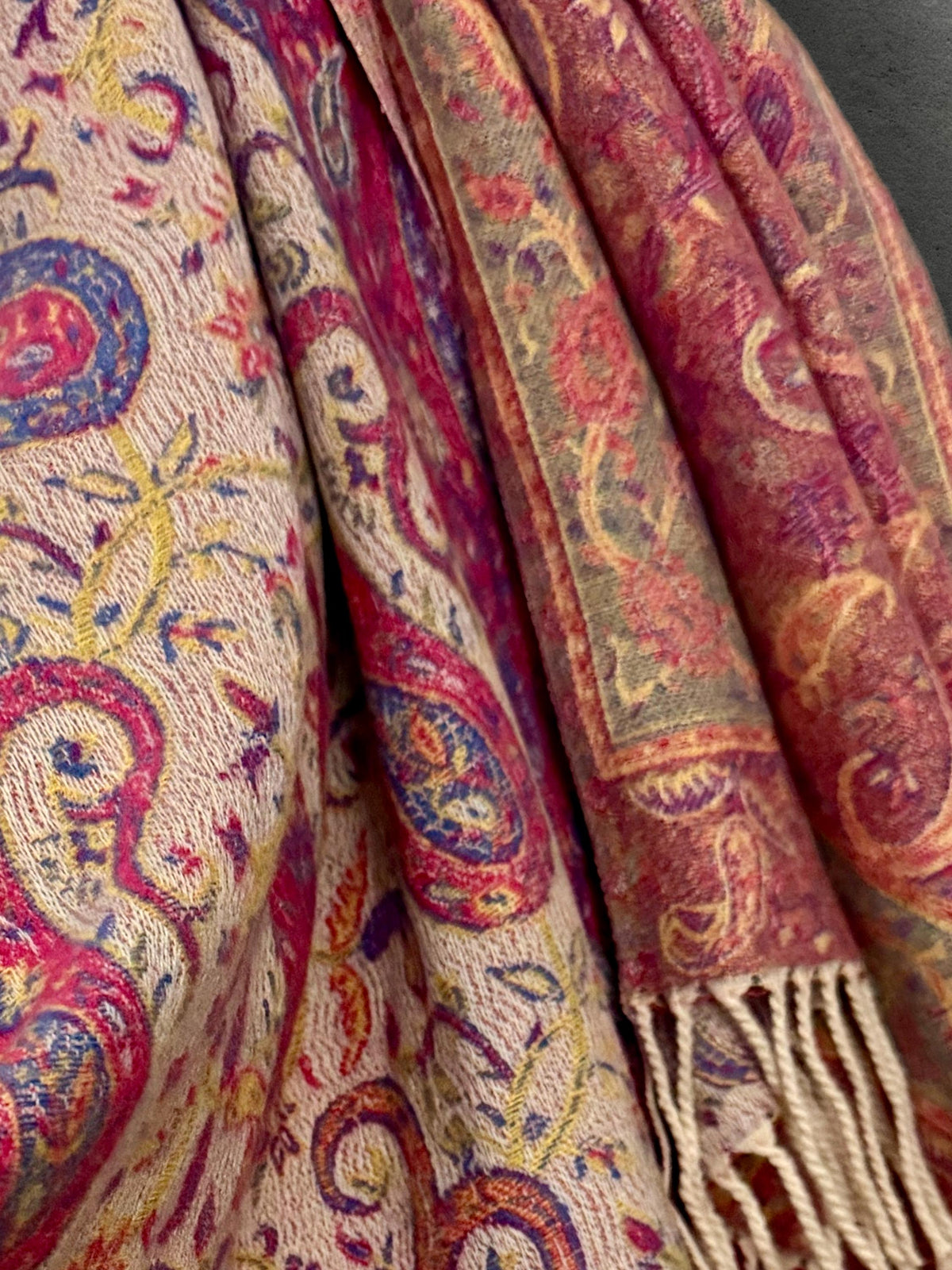 Bohemian Reversible Pink Beige Paisley Winter Scarf, Ultra Soft Shawl for Women, Fringed Colourful Wrap, Gift for Her