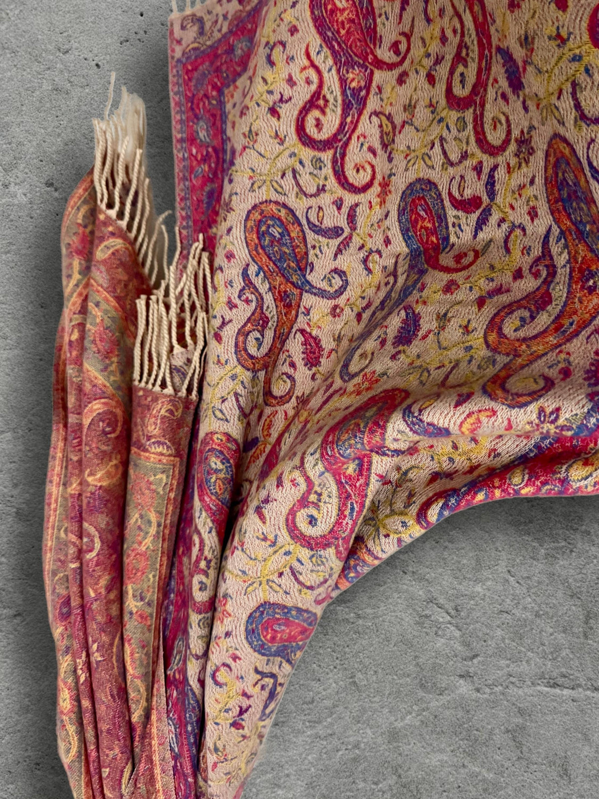 Bohemian Reversible Pink Beige Paisley Winter Scarf, Ultra Soft Shawl for Women, Fringed Colourful Wrap, Gift for Her