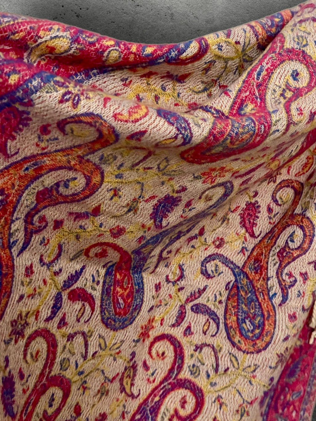 Bohemian Reversible Pink Beige Paisley Winter Scarf, Ultra Soft Shawl for Women, Fringed Colourful Wrap, Gift for Her