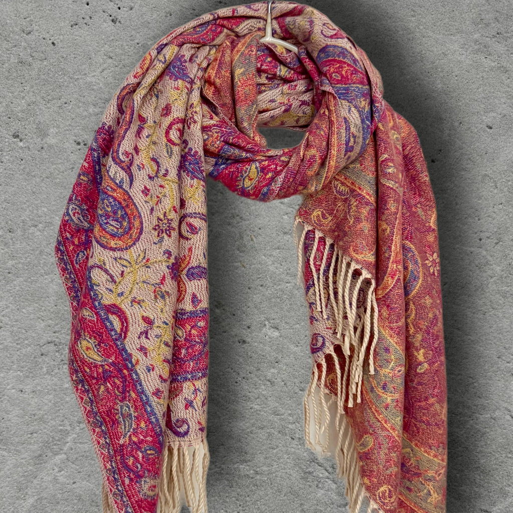Bohemian Reversible Pink Beige Paisley Winter Scarf, Ultra Soft Shawl for Women, Fringed Colourful Wrap, Gift for Her