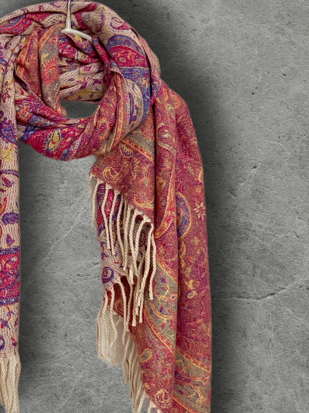 Bohemian Reversible Pink Beige Paisley Winter Scarf, Ultra Soft Shawl for Women, Fringed Colourful Wrap, Gift for Her