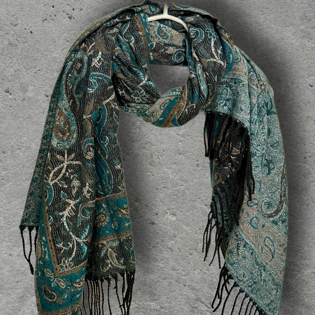 Teal Green Charcoal Paisley Winter Scarf, Reversible Patterned Boho Shawl, Ultra Soft Fringed Wrap, Elegant Gift for Women