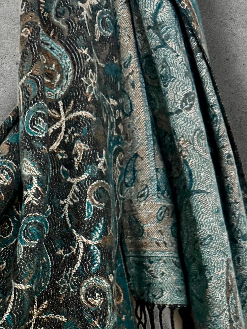 Teal Green Charcoal Paisley Winter Scarf, Reversible Patterned Boho Shawl, Ultra Soft Fringed Wrap, Elegant Gift for Women