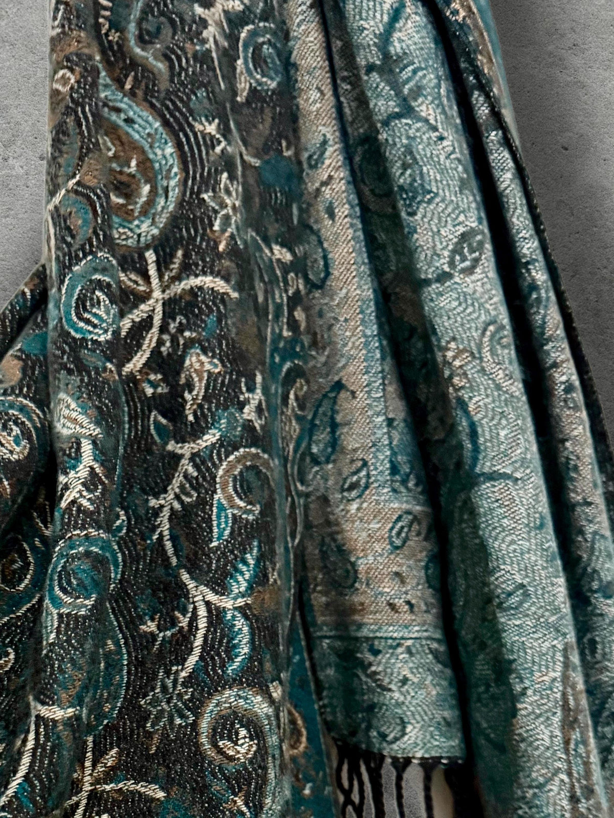Teal Green Charcoal Paisley Winter Scarf, Reversible Patterned Boho Shawl, Ultra Soft Fringed Wrap, Elegant Gift for Women