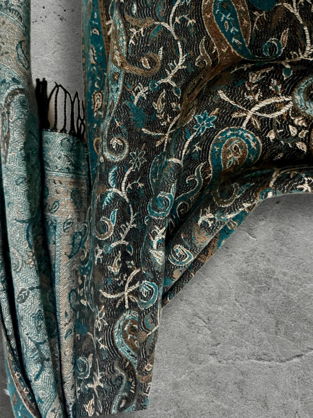 Teal Green Charcoal Paisley Winter Scarf, Reversible Patterned Boho Shawl, Ultra Soft Fringed Wrap, Elegant Gift for Women
