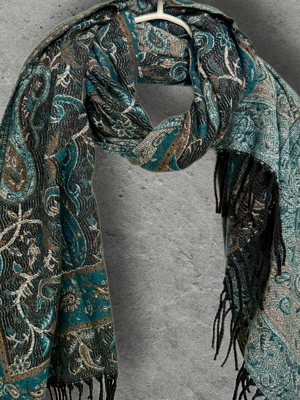 Teal Green Charcoal Paisley Winter Scarf, Reversible Patterned Boho Shawl, Ultra Soft Fringed Wrap, Elegant Gift for Women