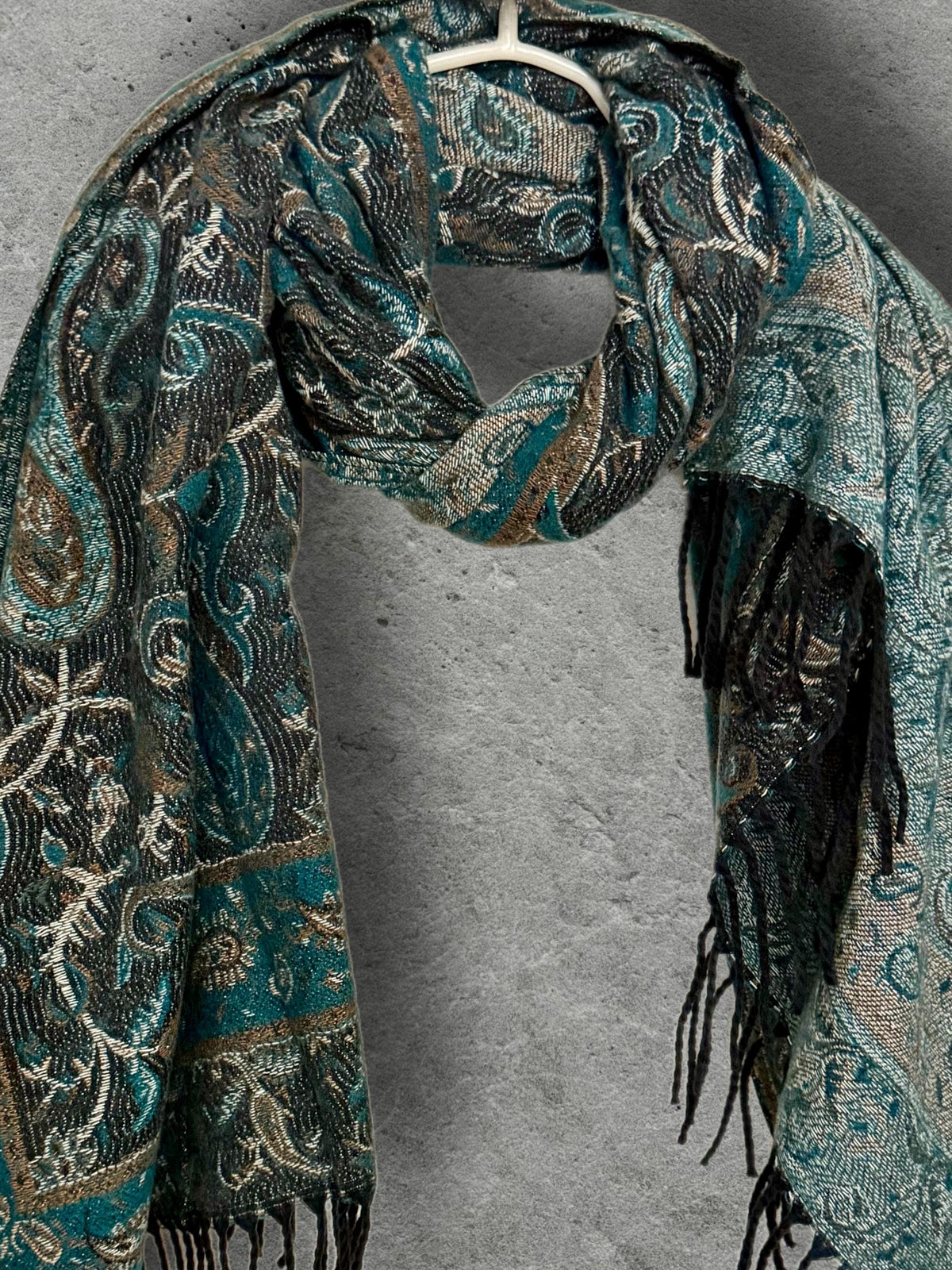 Teal Green Charcoal Paisley Winter Scarf, Reversible Patterned Boho Shawl, Ultra Soft Fringed Wrap, Elegant Gift for Women