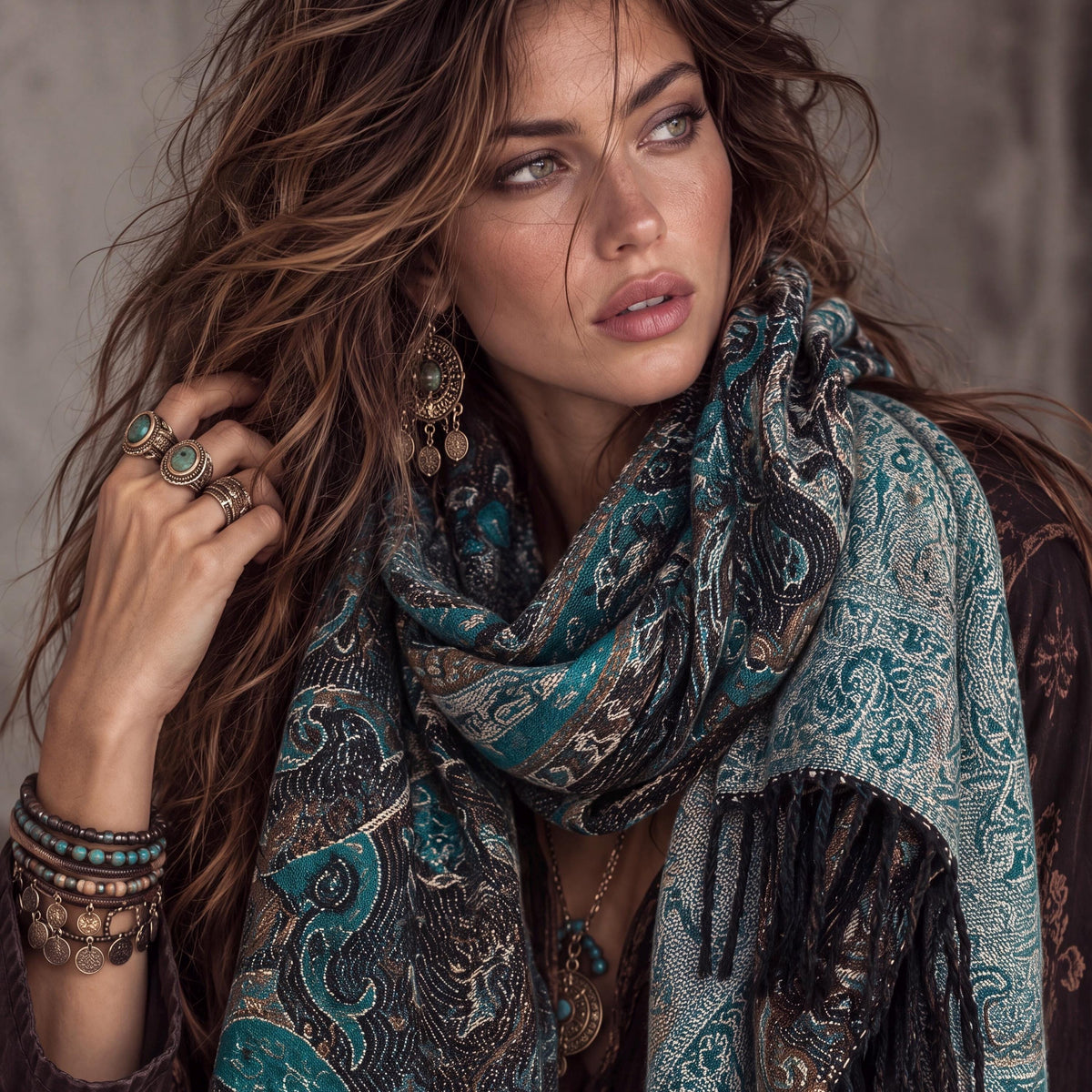 Teal Green Charcoal Paisley Winter Scarf, Reversible Patterned Boho Shawl, Ultra Soft Fringed Wrap, Elegant Gift for Women