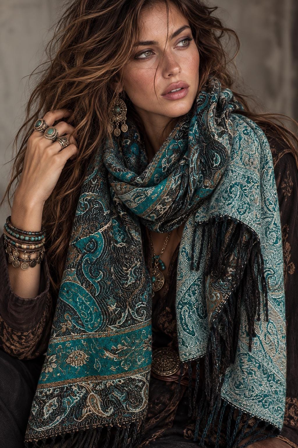 Teal Green Charcoal Paisley Winter Scarf, Reversible Patterned Boho Shawl, Ultra Soft Fringed Wrap, Elegant Gift for Women