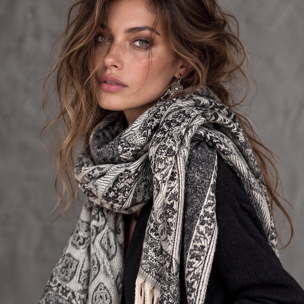 Reversible Black Winter Scarf, Ivory Bohemian Medallion Shawl for Women, Soft Oversized Warm Wrap, Fringed Cold Weather Gift for Her