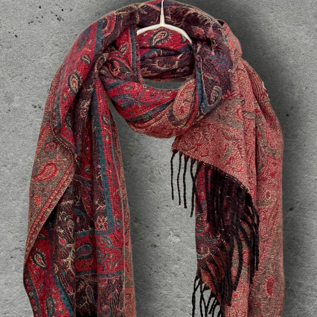 Reversible Burgundy Winter Scarf, Teal Paisley Boho Shawl, Oversized Ultra Soft Wrap, Fringed Autumn Accessory, Christmas Gift for Her