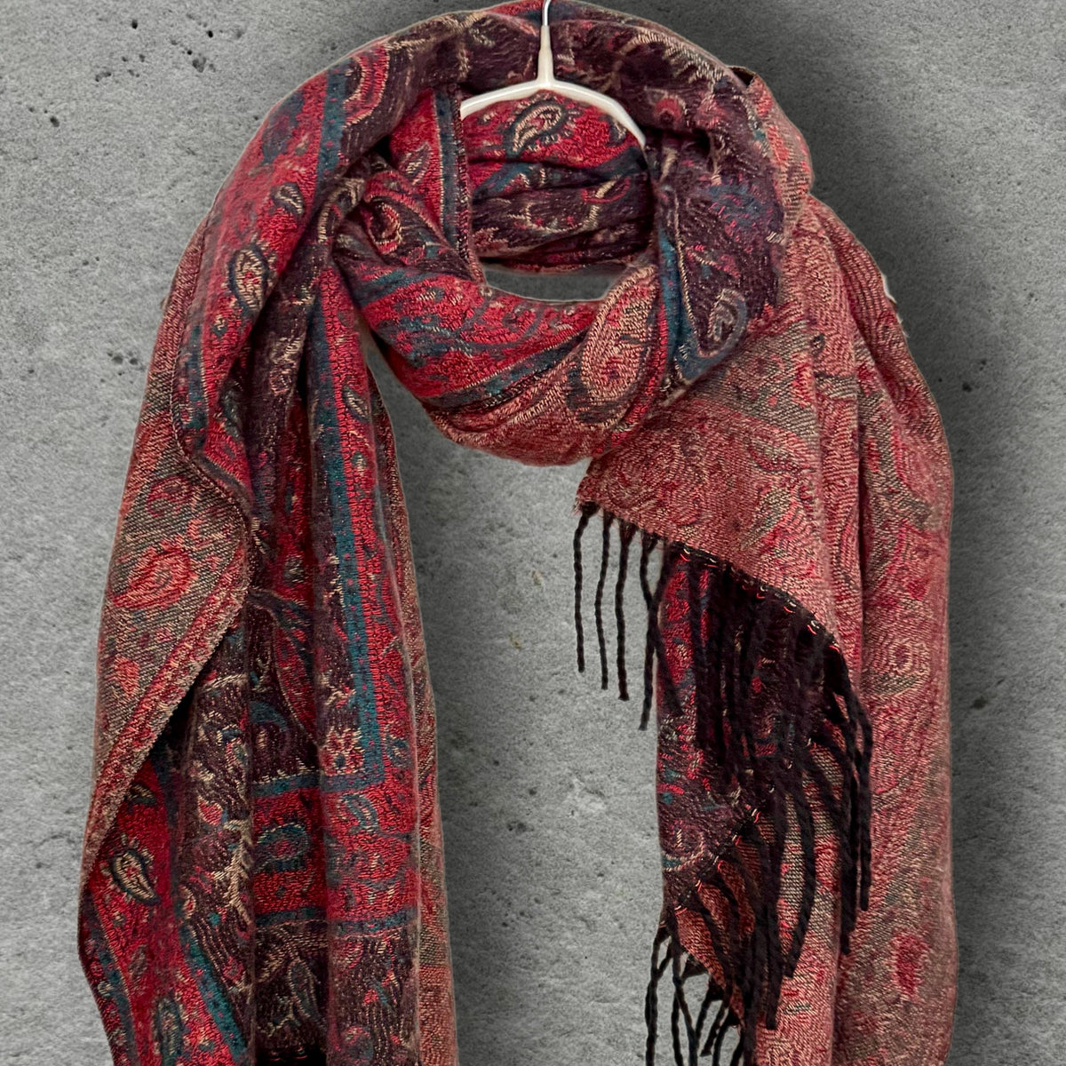 Reversible Burgundy Winter Scarf, Teal Paisley Boho Shawl, Oversized Ultra Soft Wrap, Fringed Autumn Accessory, Christmas Gift for Her