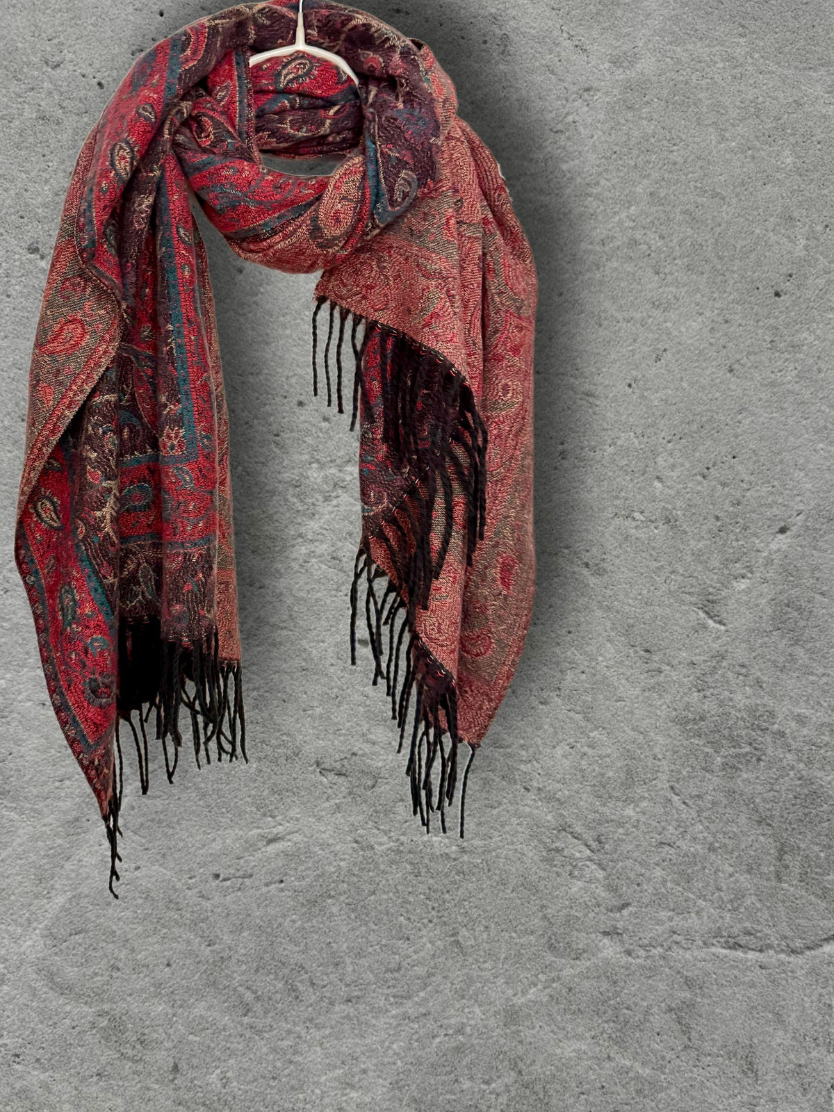 Reversible Burgundy Winter Scarf, Teal Paisley Boho Shawl, Oversized Ultra Soft Wrap, Fringed Autumn Accessory, Christmas Gift for Her