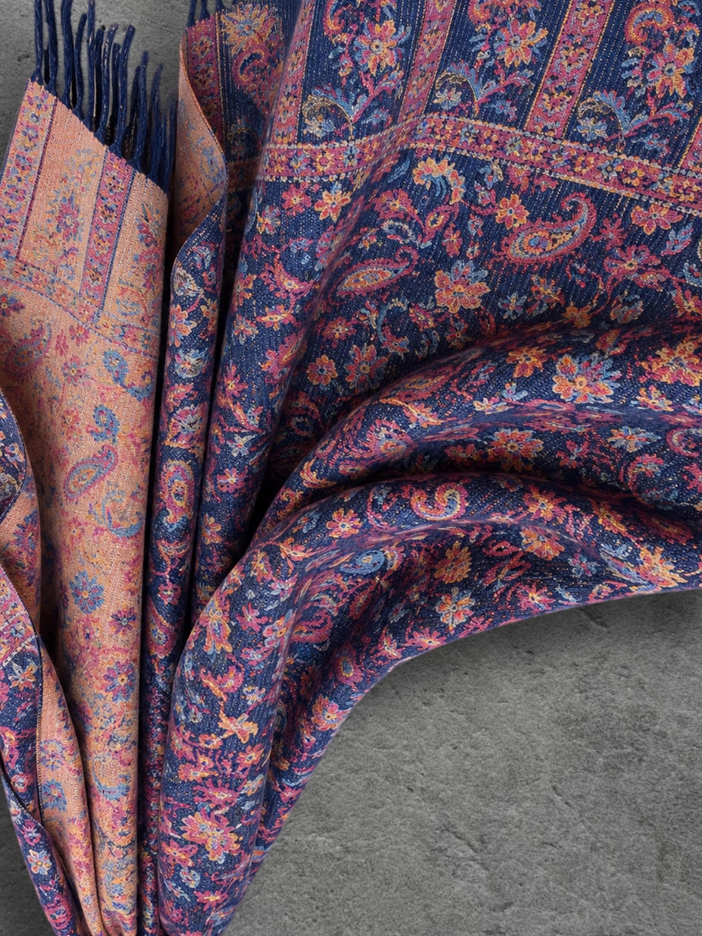 Navy Blue Bohemian Botanical Reversible Winter Scarf, Double Sided Floral Wrap, Soft Women’s Autumn Neck Shawl