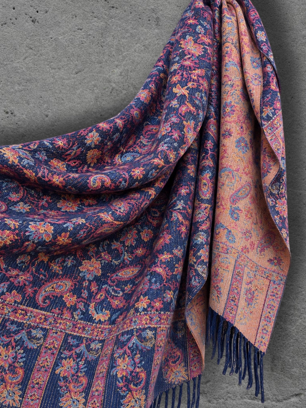 Navy Blue Bohemian Botanical Reversible Winter Scarf, Double Sided Floral Wrap, Soft Women’s Autumn Neck Shawl