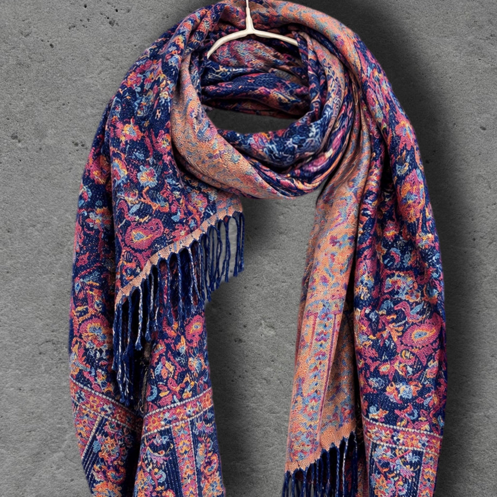 Navy Blue Bohemian Botanical Reversible Winter Scarf, Double Sided Floral Wrap, Soft Women’s Autumn Neck Shawl