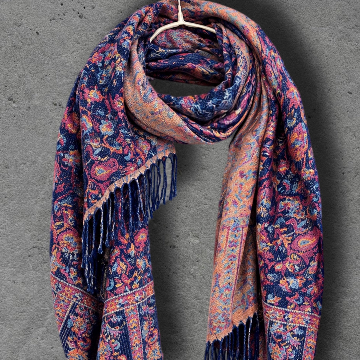 Navy Blue Bohemian Botanical Reversible Winter Scarf, Double Sided Floral Wrap, Soft Women’s Autumn Neck Shawl