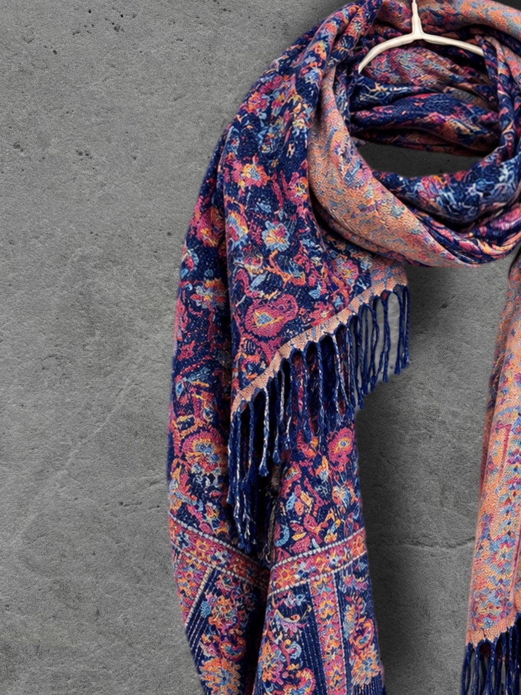 Navy Blue Bohemian Botanical Reversible Winter Scarf, Double Sided Floral Wrap, Soft Women’s Autumn Neck Shawl