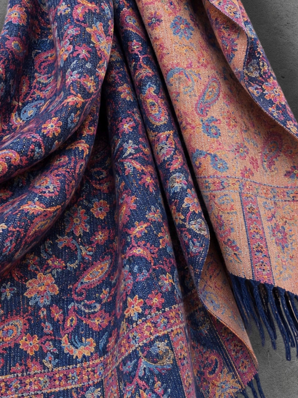 Navy Blue Bohemian Botanical Reversible Winter Scarf, Double Sided Floral Wrap, Soft Women’s Autumn Neck Shawl